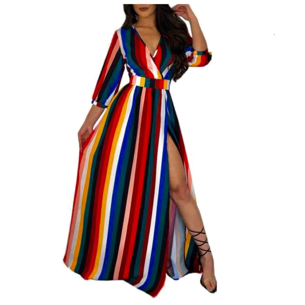 Multi Stripe Maxi Dress w/ Side Slit